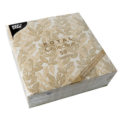 A sealed package of 50 sand-colored "ROYAL Collection" 40 x 40 cm 1/4-fold napkins by PAPSTAR GmbH, depicted in the packaging.