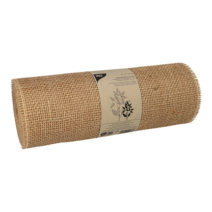 The PAPSTAR decorative ribbon jute 10 m natural on a roll from PAPSTAR GmbH consists of natural brown jute with a lattice pattern, wrapped with a paper label with black botanical illustration – ideal for creative projects or natural decoration.