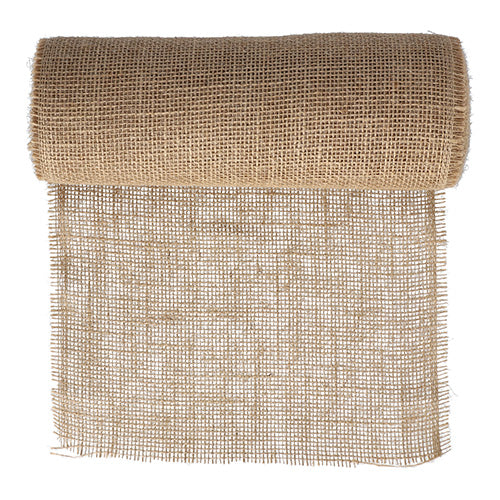A roll of PAPSTAR decorative ribbon jute 10 m natural on a roll from PAPSTAR GmbH, partially unrolled to showcase its coarse, open weave structure – ideal for creative projects and natural decoration.