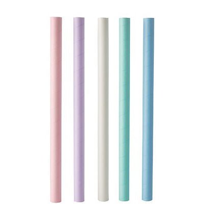 Five PAPSTAR bubble tea paper straws (Ø12mm, 20cm) in pink, lavender, white, mint green, and light blue stand upright in a row against a plain white background. Brand: PAPSTAR GmbH. Package: 200 pieces.