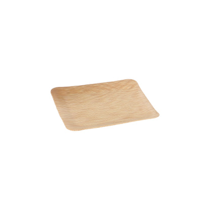 The PAPSTAR finger food plates bamboo "pure" square 8.5 cm (10 pieces) from PAPSTAR GmbH is a rectangular, biodegradable bamboo plate with curved edges, depicted on a simple white background.