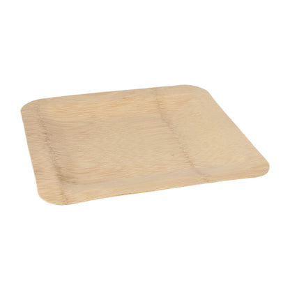 A square, light brown PAPSTAR 10 plate, bamboo "pure" square from PAPSTAR GmbH with slightly raised edges and a smooth surface - captured on a white background - offers an eco-friendly option for any table decoration.
