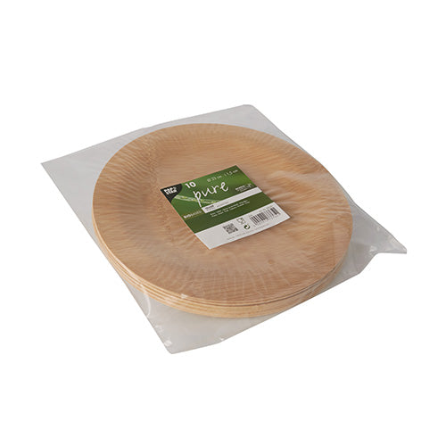 Pictured is a stack of PAPSTAR 10 plates, bamboo "pure" round from PAPSTAR GmbH in a transparent plastic packaging with a green-white label showing product details and indicating that each pack contains ten eco-friendly disposable plates.