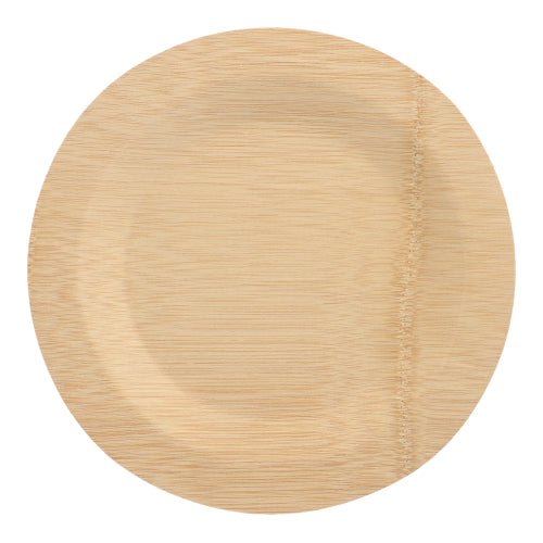 The PAPSTAR 10 plates, bamboo "pure" round from PAPSTAR GmbH is a round, light brown disposable plate made of biodegradable bamboo with a structured vertical line and offers a sustainable choice for environmentally conscious dining.