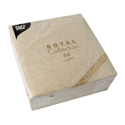 A sand-colored 50-pack PAPSTAR "ROYAL Collection" napkins (1/4-fold, 40x40cm) by PAPSTAR GmbH, with a subtle leaf design and an elegant gold script on the packaging.