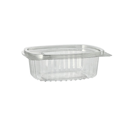 The Starpak 50 delicatessen and salad bowls with hinged lid, R-PET crystal clear oval, are eco-friendly food containers made of transparent plastic with a hinged lid, ideal for delicacies and salads, depicted against a white background.