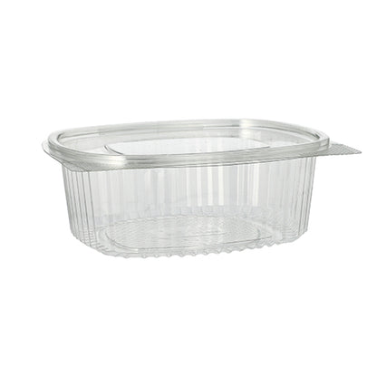 The Starpak 50 delicatessen and salad bowls with hinged lid are transparent, oval containers made of R-PET crystal clear with a hinged lid, gently curved contours, and vertical side ribs for storing salads or delicacies.