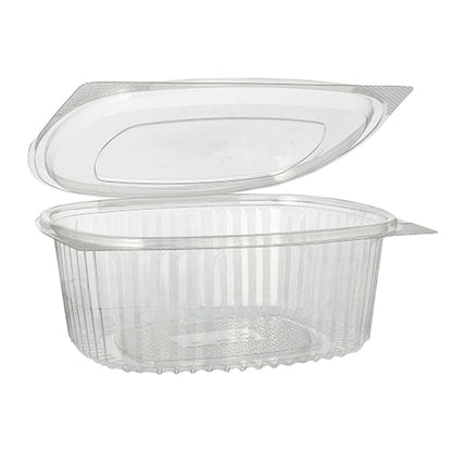The image shows an opened Starpak 50 delicatessen and salad bowl with hinged lid, R-PET crystal clear oval – a transparent, oval, eco-friendly delicatessen and salad bowl with vertical grooves by the brand Starpak.
