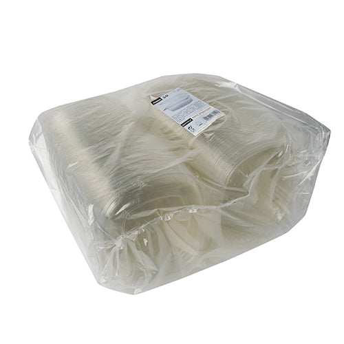 A stack of Starpak 50 delicatessen and salad bowls with hinged lid, R-PET crystal clear oval is packed in transparent plastic and provided with a white product label.