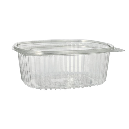 The Starpak 50 delicatessen and salad bowls with hinged lid, R-PET crystal clear oval, are eco-friendly, transparent plastic containers, ideal for salads and delicacies – perfect for sustainable packaging.