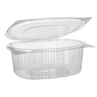 The image shows an oval Starpak 50 delicatessen and salad bowl with hinged lid, R-PET crystal clear, with a partially opened hinged lid. The eco-friendly Starpak bowl with ribbed sides is empty against a plain white background.