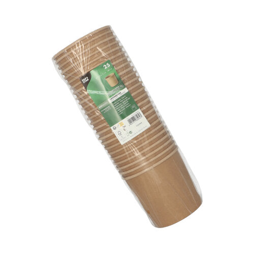 A stack of 25 brown PAPSTAR paper soup cups (Ø 11.5 cm, 11 cm high) from PAPSTAR GmbH is packaged in clear plastic with a green-white label and shown against a white background.