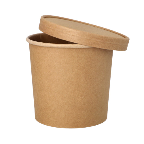 A PAPSTAR paper soup cup, brown, Ø 11.5 cm, 11 cm high (760 ml) with matching lid from PAPSTAR GmbH is lying slightly open at an angle against a white background. The package contains 25 pieces.