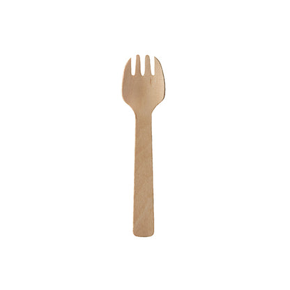A PAPSTAR wooden fork "pure" (10 cm), environmentally friendly and stable, lies centered on a white background. The disposable wooden fork from PAPSTAR GmbH combines sustainability and functionality.