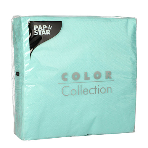 Pictured is a sealed package of PAPSTAR 100 napkins, 1-ply 1/4-fold 33 cm x 33 cm from PAPSTAR GmbH in light turquoise blue from the front, with FSC certification and product description on the foil.