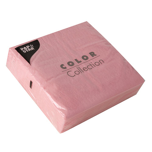 A sealed package of 100 pink, 1-ply PAPSTAR napkins, 33 x 33 cm, FSC-certified from the Color Collection, branded with PAPSTAR GmbH in the top left corner of the packaging.