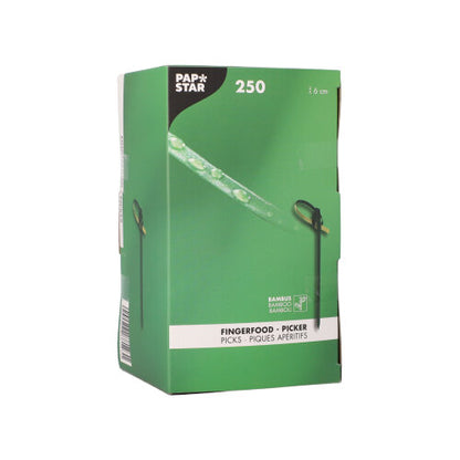 A green box with the label "PAPSTAR GmbH" contains 250 eco-friendly, biodegradable finger food picks (each 9 cm). The PAPSTAR 250 finger food pick box shows product images and multilingual descriptions, including English and French.
