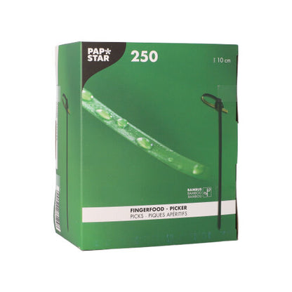 A green-white box of 250 finger food picks from PAPSTAR GmbH contains 250 biodegradable bamboo sticks, each 10 cm long, with a green pick image on the front.