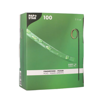 The green box "PAPSTAR 100 Fingerfood - Picker" by PAPSTAR GmbH contains 11 cm long bamboo picks for finger food, is FSC-certified, and shows a bamboo pick with water droplets on the packaging.
