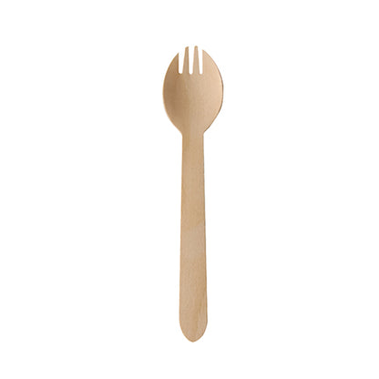 The PAPSTAR wooden spork "pure" (16 cm) by PAPSTAR GmbH, depicted on a white background, combines a spoon and fork with three short tines, offering an eco-friendly alternative to conventional cutlery. Pack of 100 pieces.