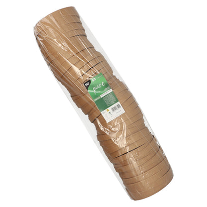 A stack of brown PAPSTAR "pure" lids for salad bowls (15 cm, round, 50 pieces) is packaged in clear plastic with a green-white label from PAPSTAR GmbH, emphasizing the eco-friendly packaging.