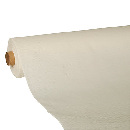 A PAPSTAR tablecloth "ROYAL Collection" champagne (25 m x 1.18 m) from PAPSTAR GmbH is partially unrolled from its brown cardboard sleeve to show its cream-colored texture against a plain background.