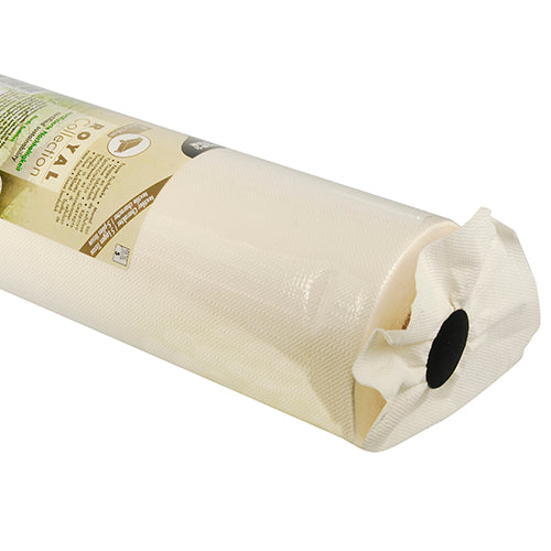 A roll of PAPSTAR tablecloth "ROYAL Collection" champagne (25 m x 1.18 m) from PAPSTAR GmbH lies on its side and is slightly bent at one end; the label with text and graphic is partially visible, the core is recognizable.
