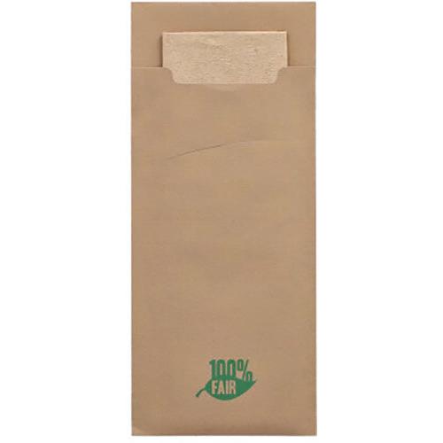 A brown PAPSTAR 520 cutlery pouch (20 x 8.5 cm) made of 2-ply material with a matching napkin and a green '100% FAIR' leaf label on the bottom. Ideal for cutlery, by PAPSTAR GmbH.