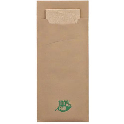 A brown PAPSTAR 520 cutlery pouch (20 x 8.5 cm) made of 2-ply material with a matching napkin and a green '100% FAIR' leaf label on the bottom. Ideal for cutlery, by PAPSTAR GmbH.