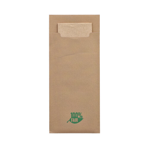 A PAPSTAR 520 cutlery pouch envelope (20 x 8.5 cm) with a matching 2-ply napkin inside; the brown paper sleeve is centrally adorned with a green '100% FAIR' logo at the bottom. Brand: PAPSTAR GmbH.