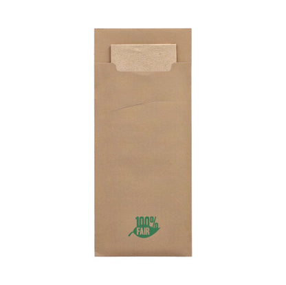 A PAPSTAR 520 cutlery pouch envelope (20 x 8.5 cm) with a matching 2-ply napkin inside; the brown paper sleeve is centrally adorned with a green '100% FAIR' logo at the bottom. Brand: PAPSTAR GmbH.