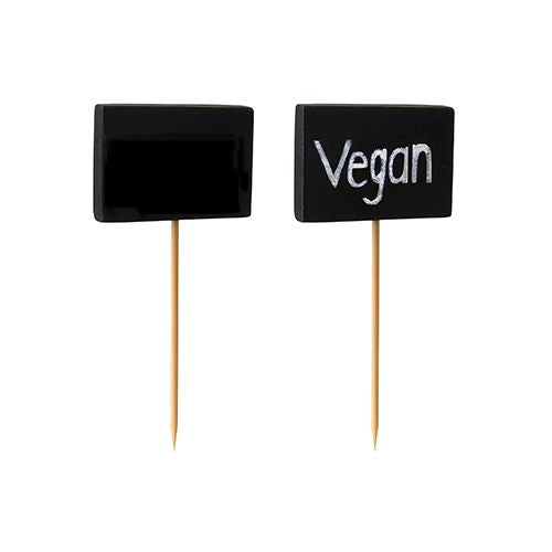 Pictured are two rectangular black PAPSTAR finger food picks (8.5 cm) on wooden sticks - one without, one with "Vegan" in white lettering. Perfect for buffets and parties. From the PAPSTAR GmbH, pack of 20, upright on a white background.