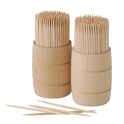 Two PAPSTAR wooden toothpicks "pure", round, 6.8 cm, are presented upright in wooden dispensers with toothpicks inside and three loose ones on a white surface. Each bag holds up to 400 pieces. Brand: PAPSTAR GmbH. Background: solid white.