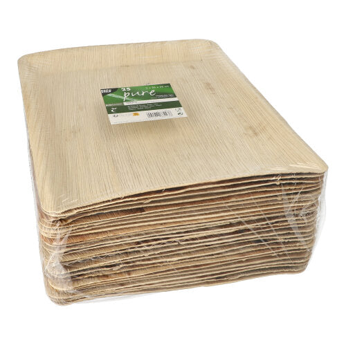 The PAPSTAR GmbH 25 tablets, palm leaf "pure" square - biodegradable and eco-friendly - are stacked rectangularly and packaged in clear plastic with a green-white label on top.