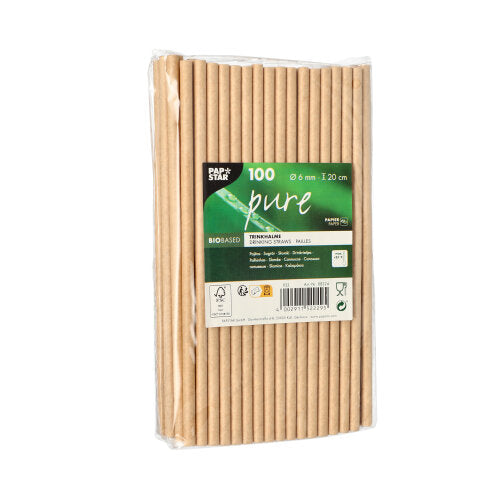 The PAPSTAR 100 paper straws "pure" (Ø 6 mm, 20 cm), biodegradable, packed in foil with a green-white product label and certification symbols from PAPSTAR GmbH.