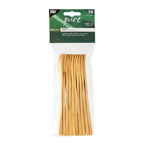 In einer Klarsichtverpackung befinden sich 10 kompostierbare Bambusgabeln 16,5cm der PAPSTAR GmbH, mit der Aufschrift „pure“ sowie Produktdetails und Markennamen am oberen Rand.