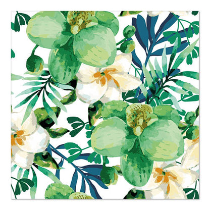 A seamless watercolor pattern with green and white orchids and lush leaves on white, ideal for PAPSTAR GmbH 20 napkins, 33 cm x 33 cm, 3-ply, 1/4-fold design set 1.
