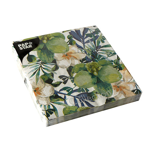 PAPSTAR 20 napkins, 33 x 33 cm, 3-ply, 1/4-fold by PAPSTAR GmbH. With floral and green/orange motifs, packaged in clear foil with "Papstar Collection" label.