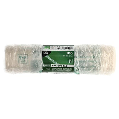 A roll of 100 PAPSTAR shirt carrier bags made of transparent bio-film (knot bags) is packaged in film and bears a green and white label with product details and environmentally friendly symbols.