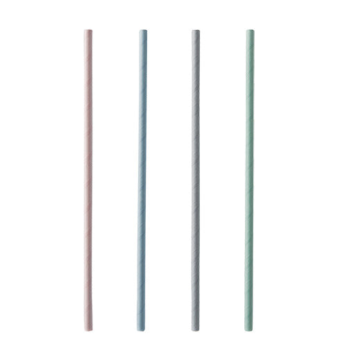 Four straight PAPSTAR GmbH paper straws (21 cm, Ø 6 mm) are arranged vertically against a white background. The colorful PAPSTAR straws are available in light pink, blue, gray, and green.