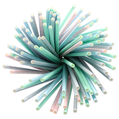 A bundle of PAPSTAR paper straws (21 cm, assorted colors, Ø 6 mm, 200 pieces) from PAPSTAR GmbH, arranged in a circle with open ends facing outward, photographed from above on a white background.