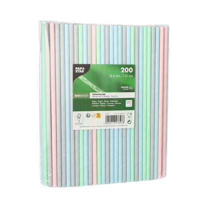 A pack of 200 PAPSTAR GmbH paper straws, 21 cm long and 6 mm wide, in various colors, comes in a clear plastic packaging. These colorful paper straws add a cheerful touch to any occasion.