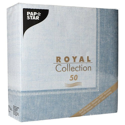 The square pack PAPSTAR 50 napkins "ROYAL Collection" 1/4 fold 40 x 40 cm blue from PAPSTAR GmbH features a light blue textured pattern, golden and white lettering, and a golden diagonal band with the inscription "50 luxurious paper napkins".
