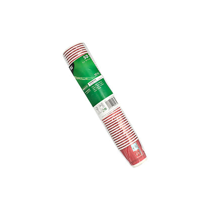 A sealed pack of 50 red PAPSTAR "Party Time" paper cups (5 cl) from PAPSTAR GmbH - perfect disposable cups for any party, here with a green label on a white background.