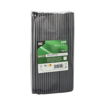 Eine versiegelte Packung mit 100 PAPSTAR 6 mm Papierstrohhalmen von PAPSTAR GmbH ist aufrecht abgebildet. Die Verpackung zeigt Produktinformationen, einen Barcode und Symbole für Spezifikationen und Zertifizierungen.