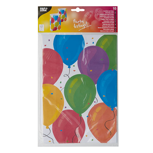 A pack of 10 PAPSTAR party bags from PAPSTAR GmbH, made of paper and decorated with colorful balloons and confetti – with the inscription "Partyfeeling!" on the top – ideal for any celebration.
