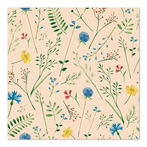 The beige napkin PAPSTAR 20 napkins 33x33 cm from PAPSTAR GmbH features a pattern of colorful wildflowers - blue, yellow, and red - and green leaves evenly distributed over the natural-colored, 3-ply surface.