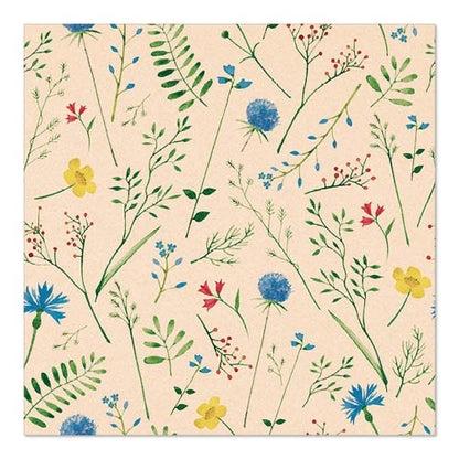 The beige napkin PAPSTAR 20 napkins 33x33 cm from PAPSTAR GmbH features a pattern of colorful wildflowers - blue, yellow, and red - and green leaves evenly distributed over the natural-colored, 3-ply surface.