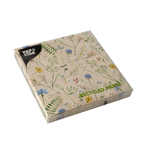 A square package PAPSTAR 20 napkins, 33x33 cm, 3-ply, made from recycled paper with a floral pattern and a black "PAP STAR" label in the top left corner, packed in clear plastic. Brand: PAPSTAR GmbH.