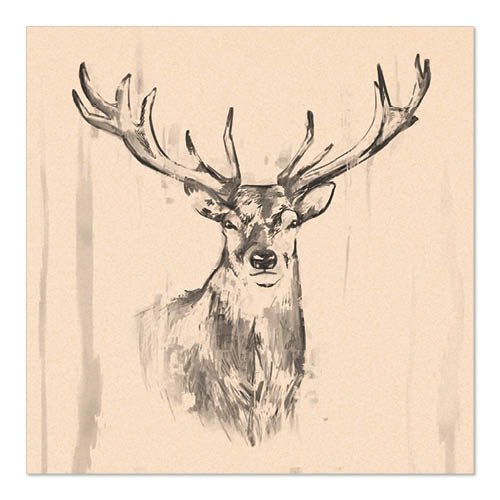 On beige PAPSTAR 20 napkins, 33x33 cm, 3-ply, 1/4-folded from PAPSTAR GmbH is a black and white deer sketch with large antlers - stylish and natural napkins for any occasion.